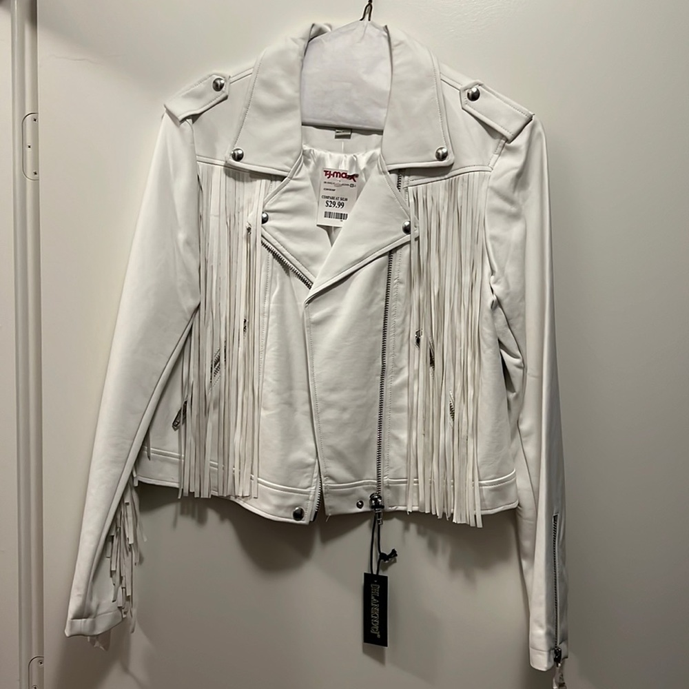 New fringe White Leather Jacket